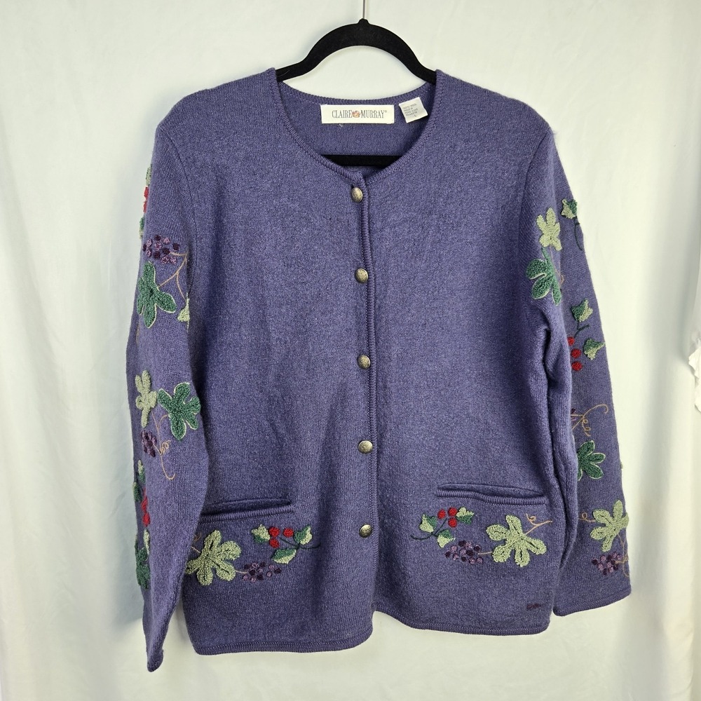 Vintage Claire Murray 100% Wool Embroidered Grapevine Cardigan Sweater Large